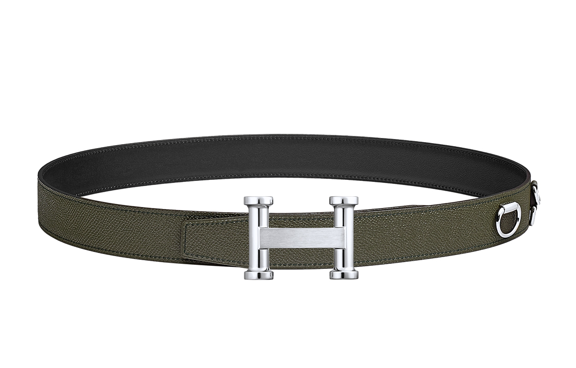 HERMES Letter With Buckle Side Decoration, Smooth Buckle Calfskin Leather Belts Men's Green 3.2cm