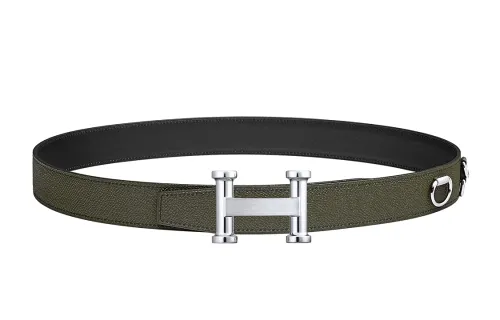 HERMES Letter With Buckle Side Decoration, Smooth Buckle Calfskin Leather Belts Men's Green 3.2cm
