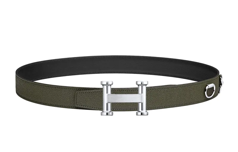 HERMES Letter With Buckle Side Decoration, Smooth Buckle Calfskin Leather Belts Men's Green 3.2cm