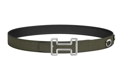 HERMES Smooth Buckle Cow Leather Belts Men's Green/Black Width 3.2cm