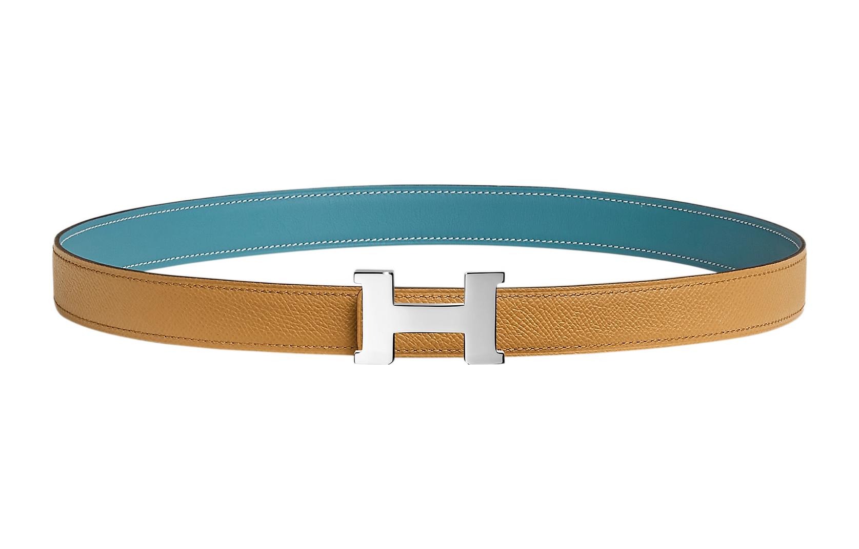 HERMES Mini Constance Palladium Plated Metal, Calfskin Leather Belts Women's Width 2.4cm