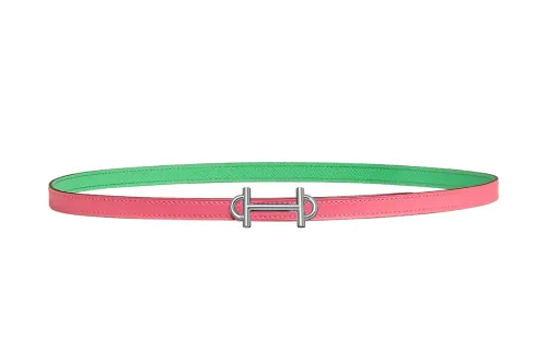 HERMES Calfskin Leather Belts Women's Rose Red/Green Width 1.3CM