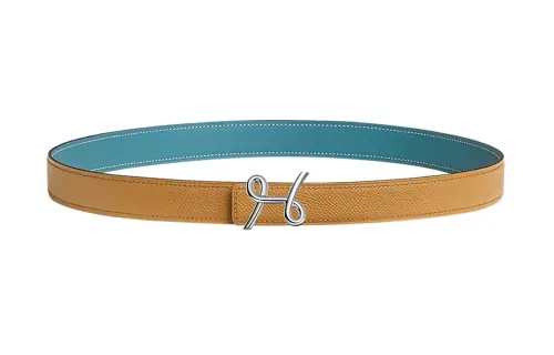 HERMES Smooth Buckle Calfskin Leather Belts Women's Yellow/Green Width 2.4CM