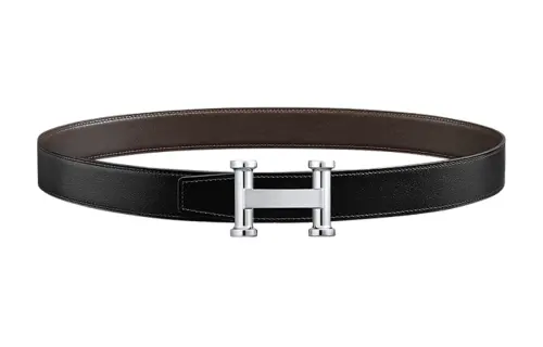 HERMES Leather Palladium Plated Leather Belts Men's Width 3.2cm