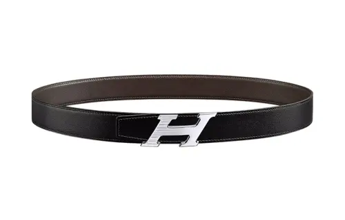 HERMES H Speed Leather, Palladium Plated, Silver Plated Leather Belts Men's Width 3.2cm