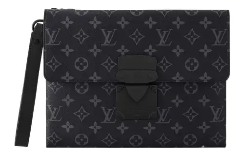 LOUIS VUITTON S LOCK Coated Canvas With Cow Leather Trim Clutch Men's Black/Gray