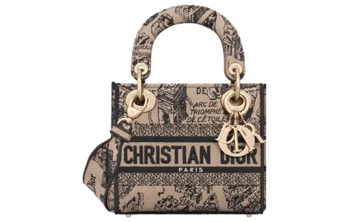 DIOR Lady D Lite Embroidery Handbag, Shoulder Bag, Crossbody Bag, Handbag Mini Women's Beige/Black