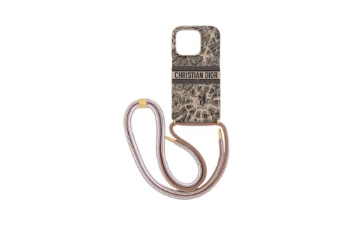 DIOR DiorTravel Calfskin IPHONE 14 PRO Cell Phone Pouch Women's Beige & Black