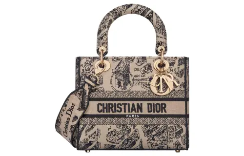DIOR Lady D Lite Embroidery Handbag, Shoulder Bag, Crossbody Bag, Handbag Medium Women's Beige/Black