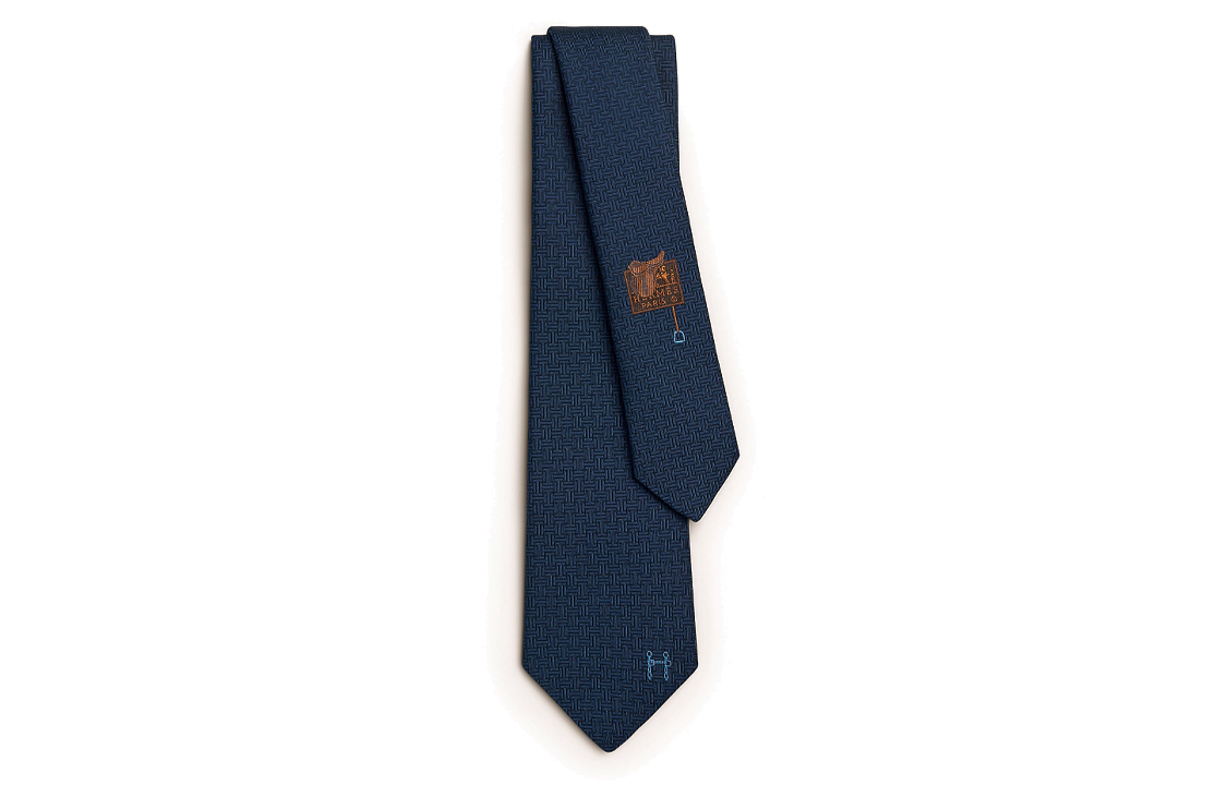 HERMES Solid Color Texture Terre D'H Ties Unisex Dark Blue