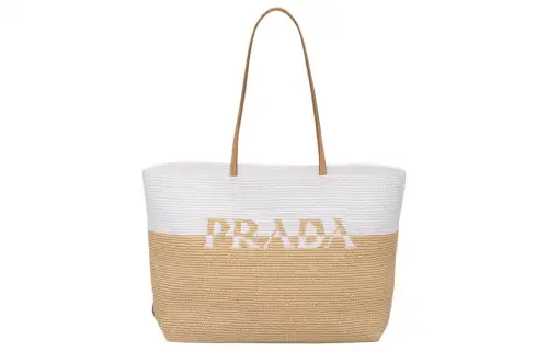 PRADA Raffia Tote Bag, Shopping Bag, Handbag Regular Women's Tawny/White