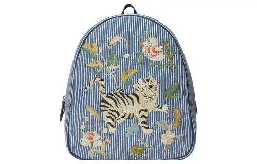 GUCCI Cotton Fabric With Brocade And Leather Backpack Kids' Blue & Ivory White