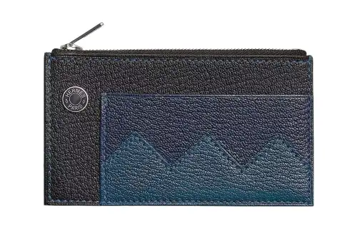 HERMES Crocodile Mysore Goat Skin Card Holder Women's Black & Marine Blue