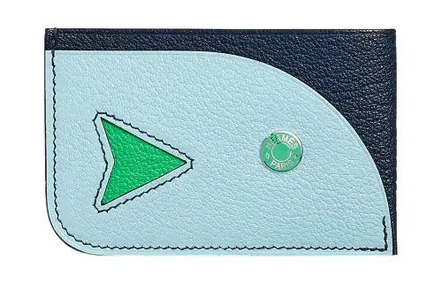 HERMES Poisson Mysore Goat Skin Card Holder Women's Marine Blue & Comic Green
