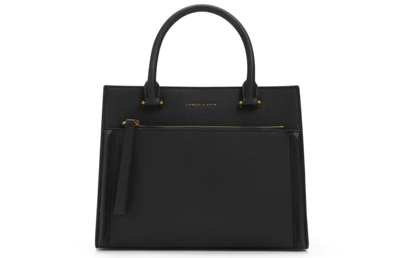 CHARLES&KEITH Fabric Tote Bag, Shopping Bag Medium Women's Black/Beige
