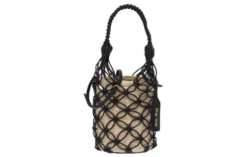 MIU MIU Straw And Wicker Bucket Bag, Shoulder Bag, Crossbody Bag, Handbag Regular Women's Tan/Black