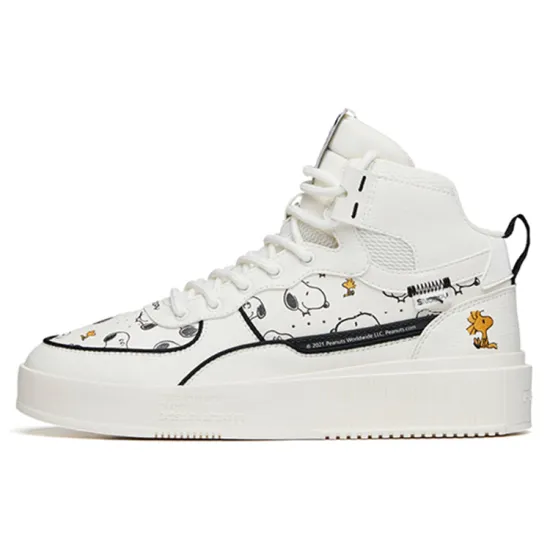 Snoopy X ANTA Life Collection Skateboard Shoes Women's Mid-Top Ivory White/Black/Ginger Yellow