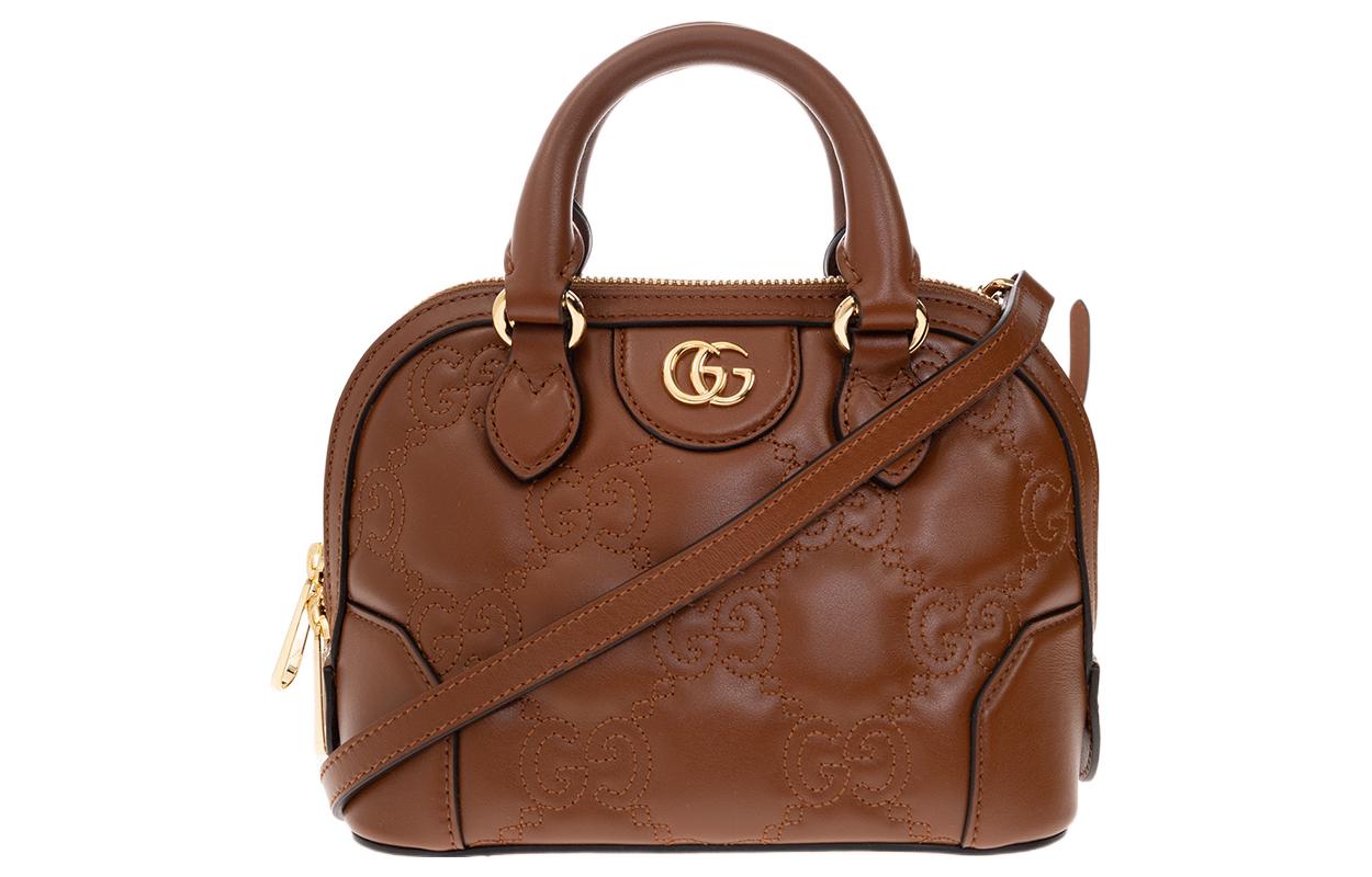 GUCCI Gucci, golden design straps, handle, boston bag, small brown one-shoulder bag