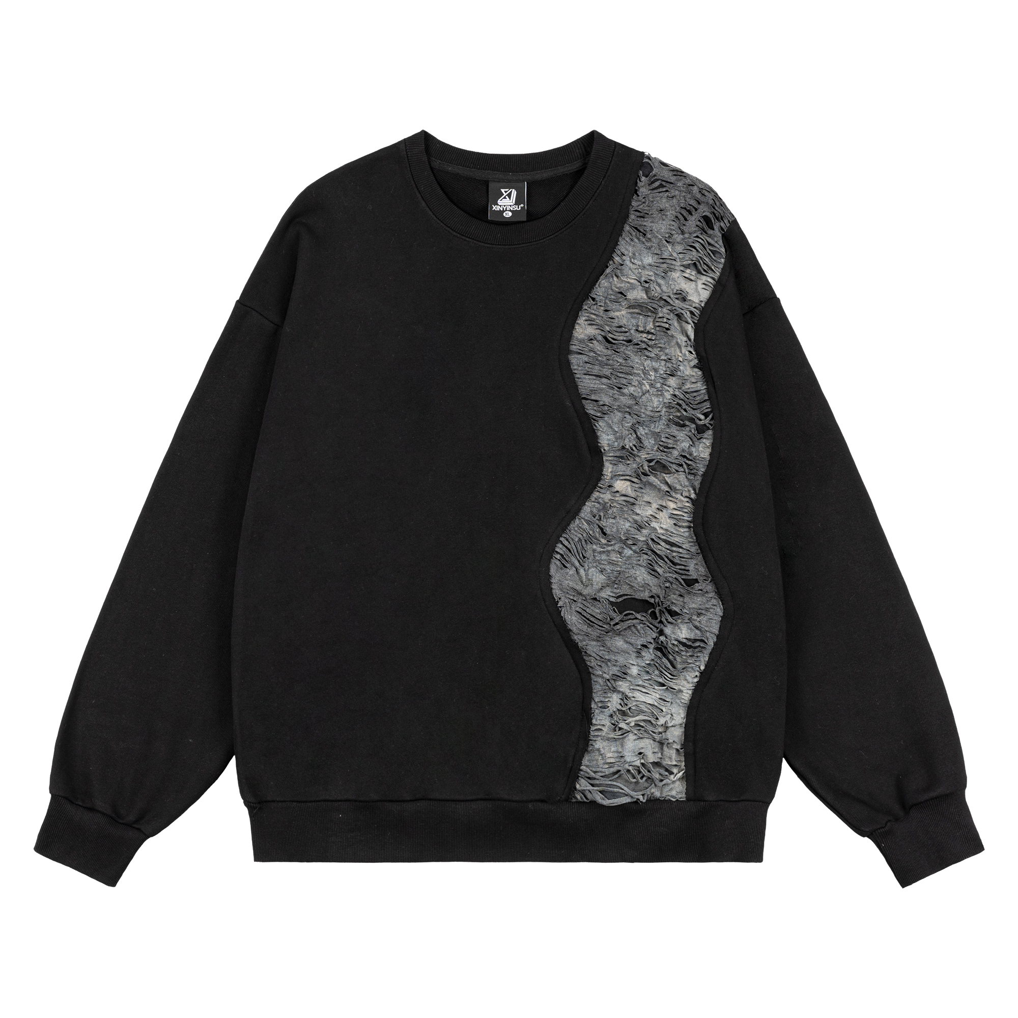 XINYINSU retro deconstructed patchwork rift pattern loose American sweatshirt unisex black