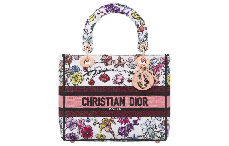 DIOR Lady D Lite Embroidery Handbag, Shoulder Bag, Crossbody Bag, Handbag Medium Women's White/Multicolor