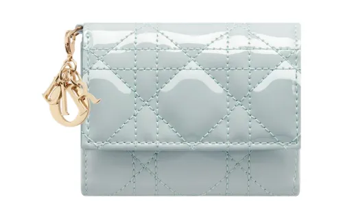 DIOR Lady Dior Patent Leather Calfskin Wallet Women's Light Blue