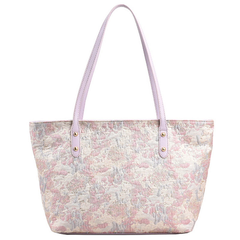 NOMK Embroidery Tote Bag, Shopping Bag, Bucket Bag, Shoulder Bag Large Women's Pink/Caramel