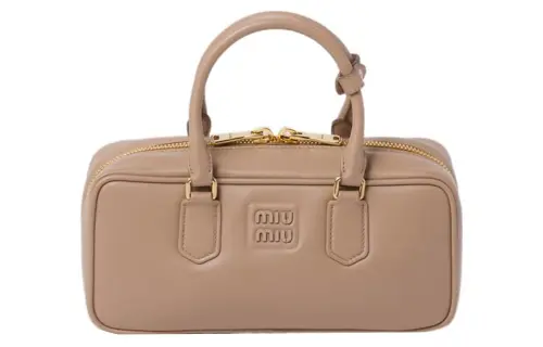 MIU MIU Leather Bowling Bag, Shoulder Bag, Crossbody Bag, Handbag Women's Embossed Beige
