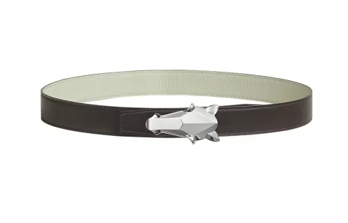 HERMES Destrier Stainless Steel Calfskin Leather Belts Men's Width 3.2cm