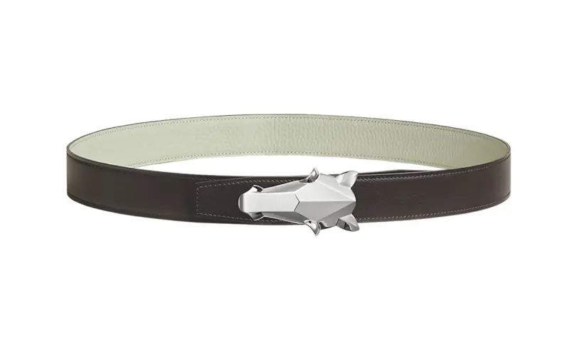 HERMES Destrier Stainless Steel Calfskin Leather Belts Men's Width 3.2cm
