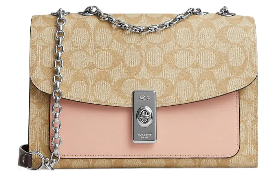 COACH Lane Coated Canvas With Smooth Leather Crossbody Bags Medium Women's Silver/Light Khaki/Light Raspberry