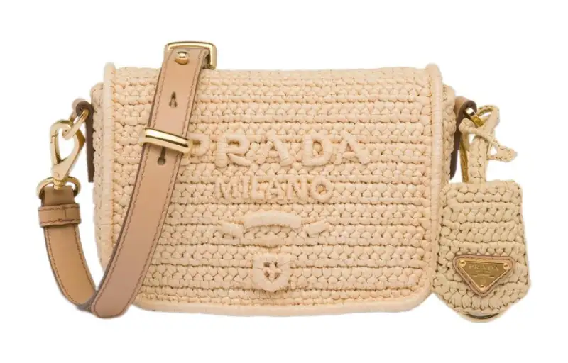 PRADA Raffia With Leather Crossbody Bag, Shoulder Bag Women's Light Umber