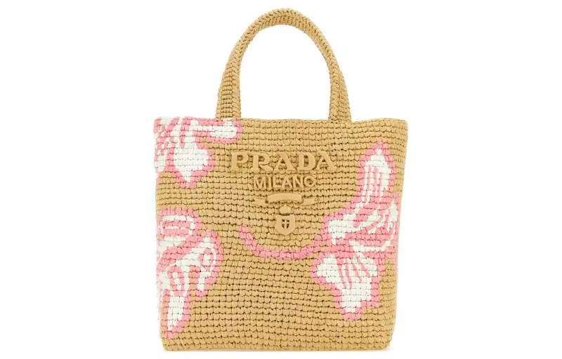 PRADA Raffia Tote Bag, Shopping Bag, Handbag Women's Khaki/Pink