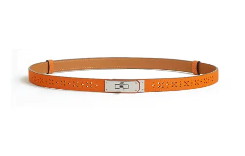 HERMES Kelly Floral Pattern With Cutouts Calfskin Double Sided Leather Belts Women's Orange Width 1.8CM