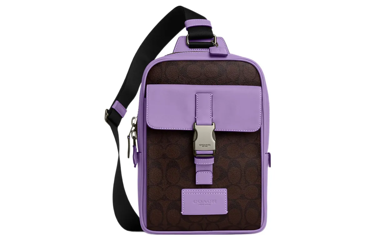 COACH Track Coated Canvas With Smooth Calfskin One Shoulder Fanny Pack, Sling Bag Men's Purple & Brown