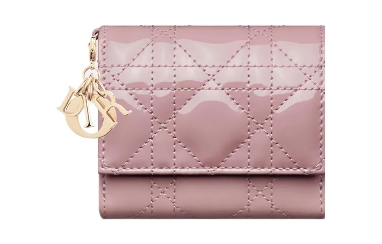 DIOR Lady Dior Patent Leather Calfskin Wallet Women's Dark Pink