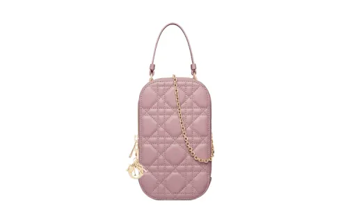 DIOR Lady Dior Sheepskin Portable One Shoulder Crossbody Cell Phone Pouch Women's Dark Pink