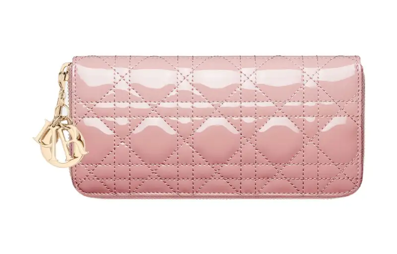 DIOR Lady Dior Patent Leather Calfskin Wallet Women's Light Pink