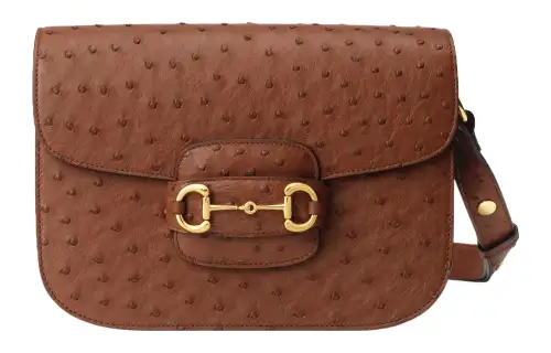 GUCCI Horsebit 1955 Ostrich Leather Saddle Bag, Crossbody Bag, Shoulder Bag Women's Brown