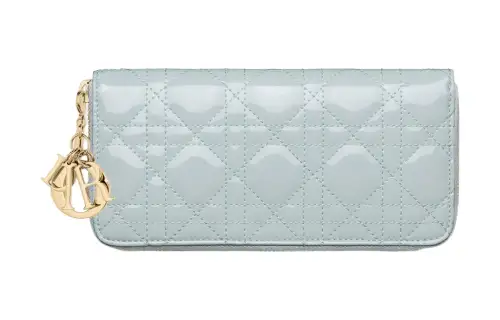 DIOR Lady Dior Patent Leather Calfskin Wallet Women's Light Blue