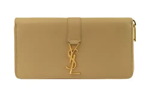 SAINT LAURENT Leather Zip Closure Wallet Large Women's Beige