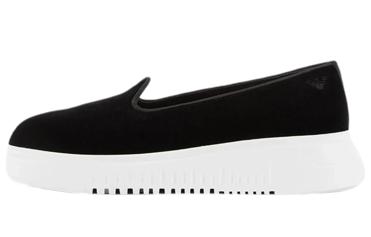EMPORIO ARMANI Armani velvet eagle logo embroidered flats, women's casual shoes, women's black