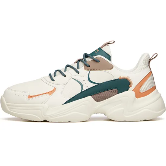 ANTA Chunky Sneakers Men Low-Top Light Beige White/Deep Moss Green/Orange