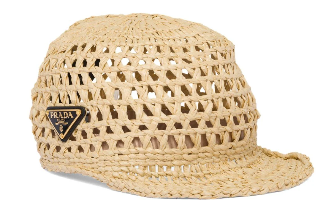 Prada Triangle Logo Woven Raffia Hat