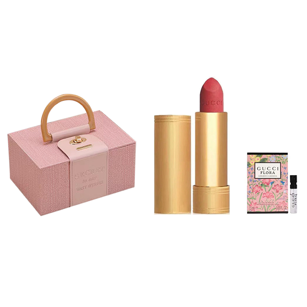 GUCCI Gucci, lipstick, face blush, perfume sample, gift box