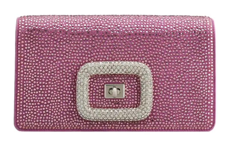 Roger Vivier Roger Vivier RV Viv' Choc Full Rhinestone Applied Embossed Logo Adjustable Detachable Shoulder Strap Suede Shoulder Crossbody Clutch Mini Women's Pink