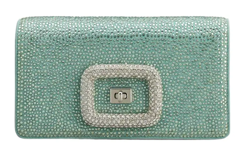 Roger Vivier Roger Vivier RV Viv' Choc Full Rhinestone Applied Embossed Logo Adjustable Detachable Shoulder Strap Suede Shoulder Crossbody Clutch Mini Women's Light Blue