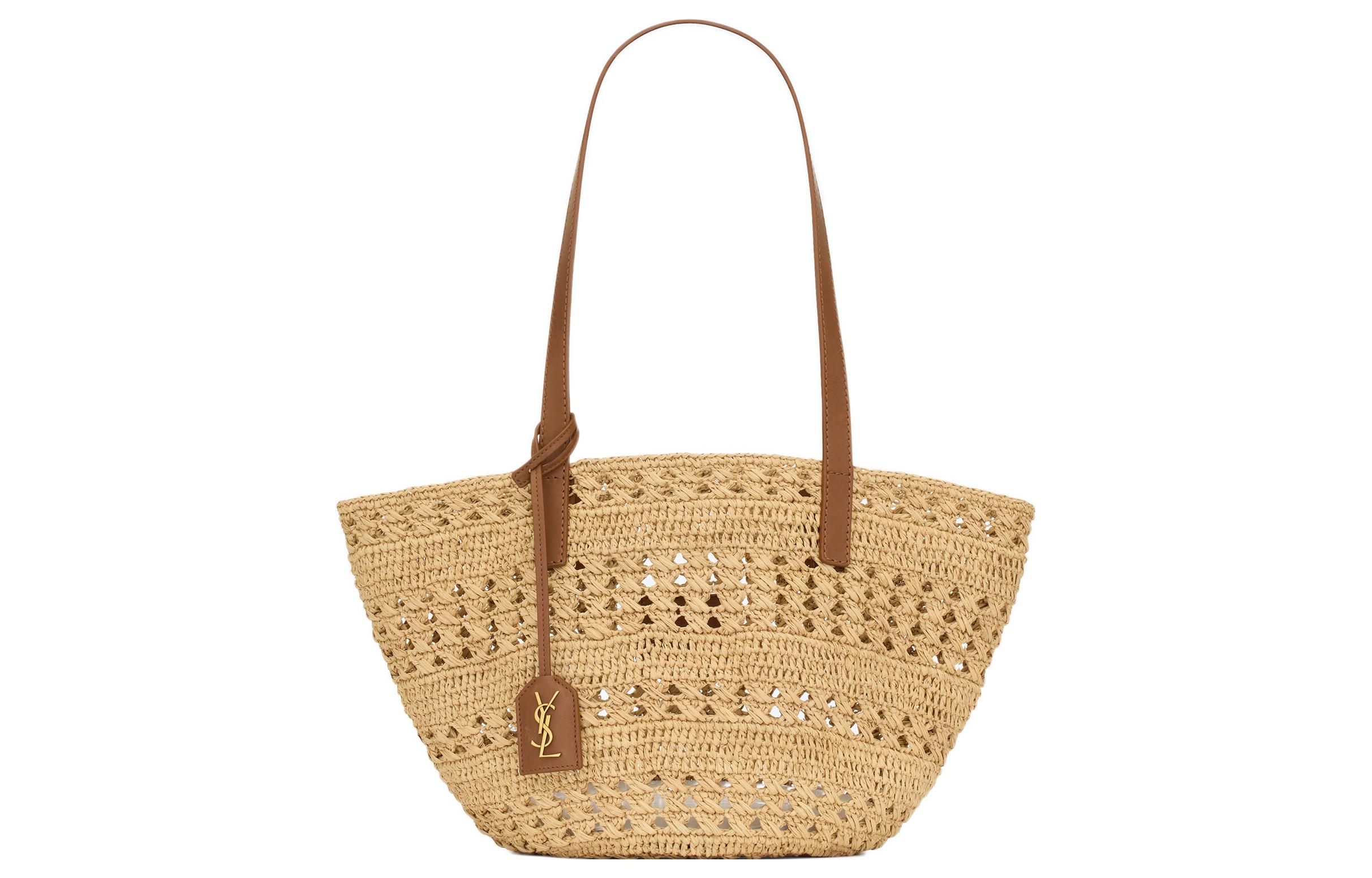 SAINT LAURENT Yves Saint Laurent YSL Metal Letter Logo Crochet Raffia and Leather Basket Bag Shoulder Handbag Small Women's Natural Color