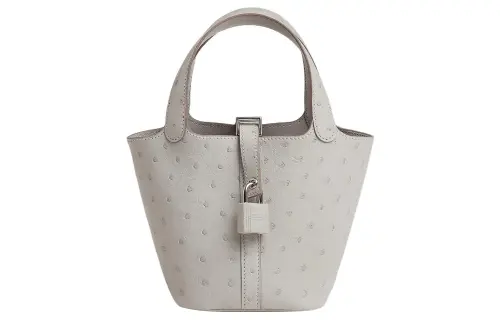 HERMES Picotin Lock Boreale Ostrich Leather Basket Bag, Bucket Bag, Handbag 12 Women's 80 Gris Perle Pearl Gray