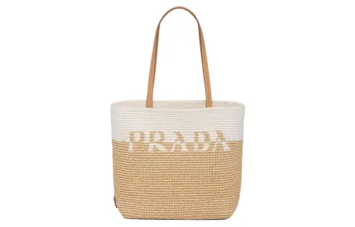 PRADA Raffia Tote Bag, Shopping Bag, Handbag Regular Women's Tan/White