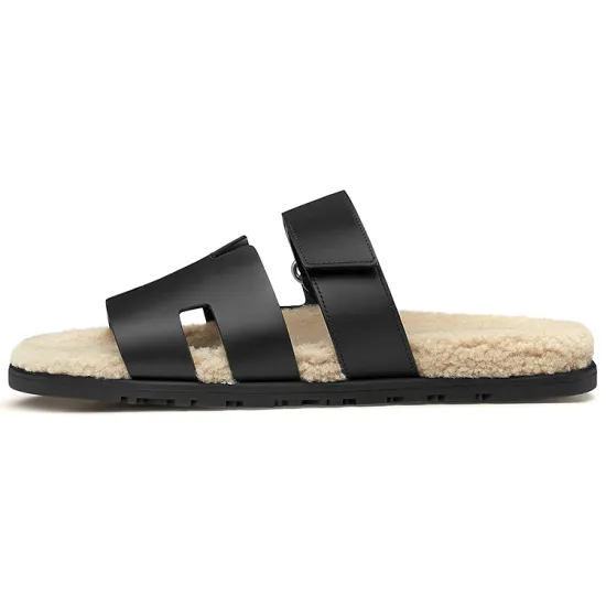 HERMES Chypre Sandal Noir Leather Woolskin M